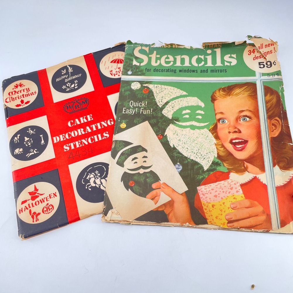 Vintage Glass Wax Window Cake Decorating Stencils Holiday Christmas Nativity 50s